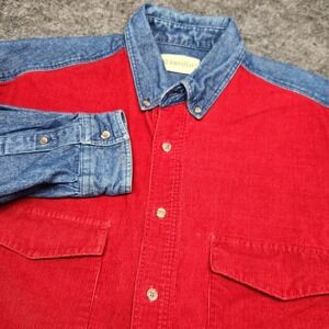 St Johns Bay Mens Vintage Red Corduroy Denim Long Sleeve Shirt Western 90s Large